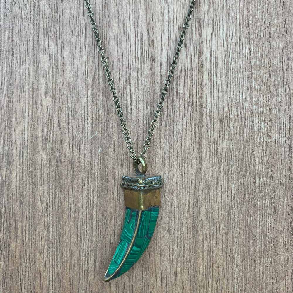 Handmade Malachite Horn Necklace on Bronze Chain